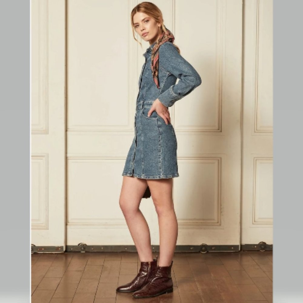 Boyish Emmett Puff Shoulder Denim Dress in Mirror Blue Size XL NWT